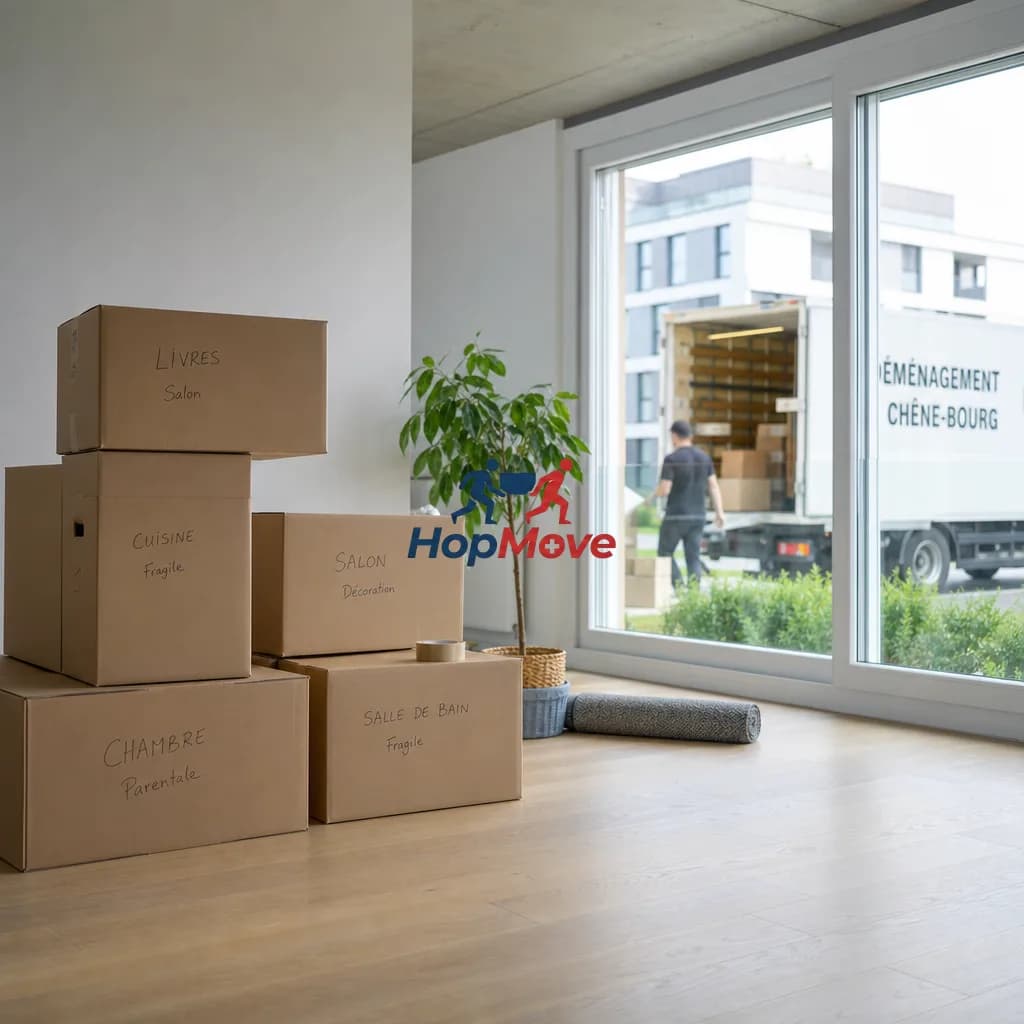A happy family moving into a new home in Chêne-Bourg.