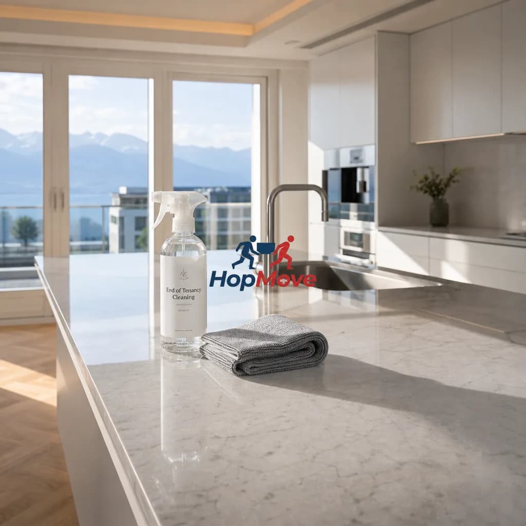 A professional cleaner deep cleaning a Geneva apartment with eco-friendly products.
