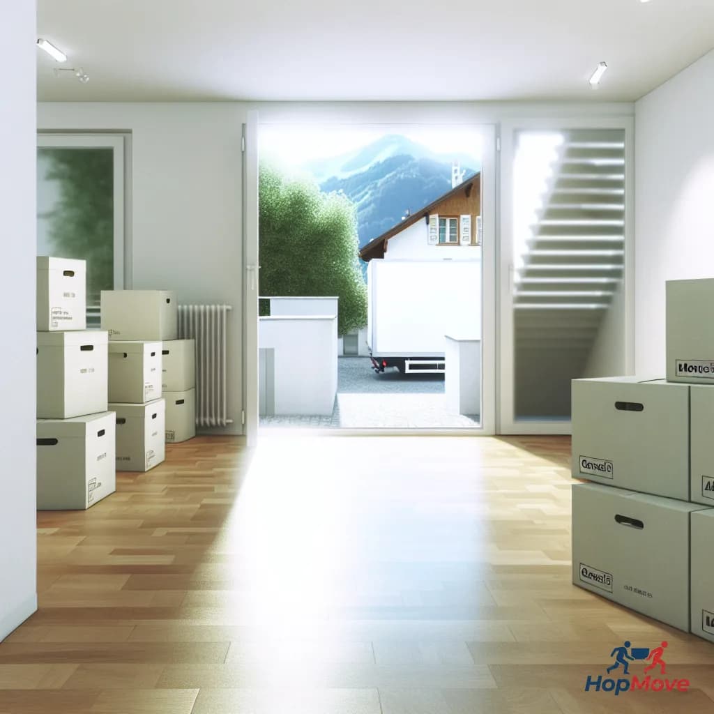 Office relocate scene in Switzerland with moving trucks