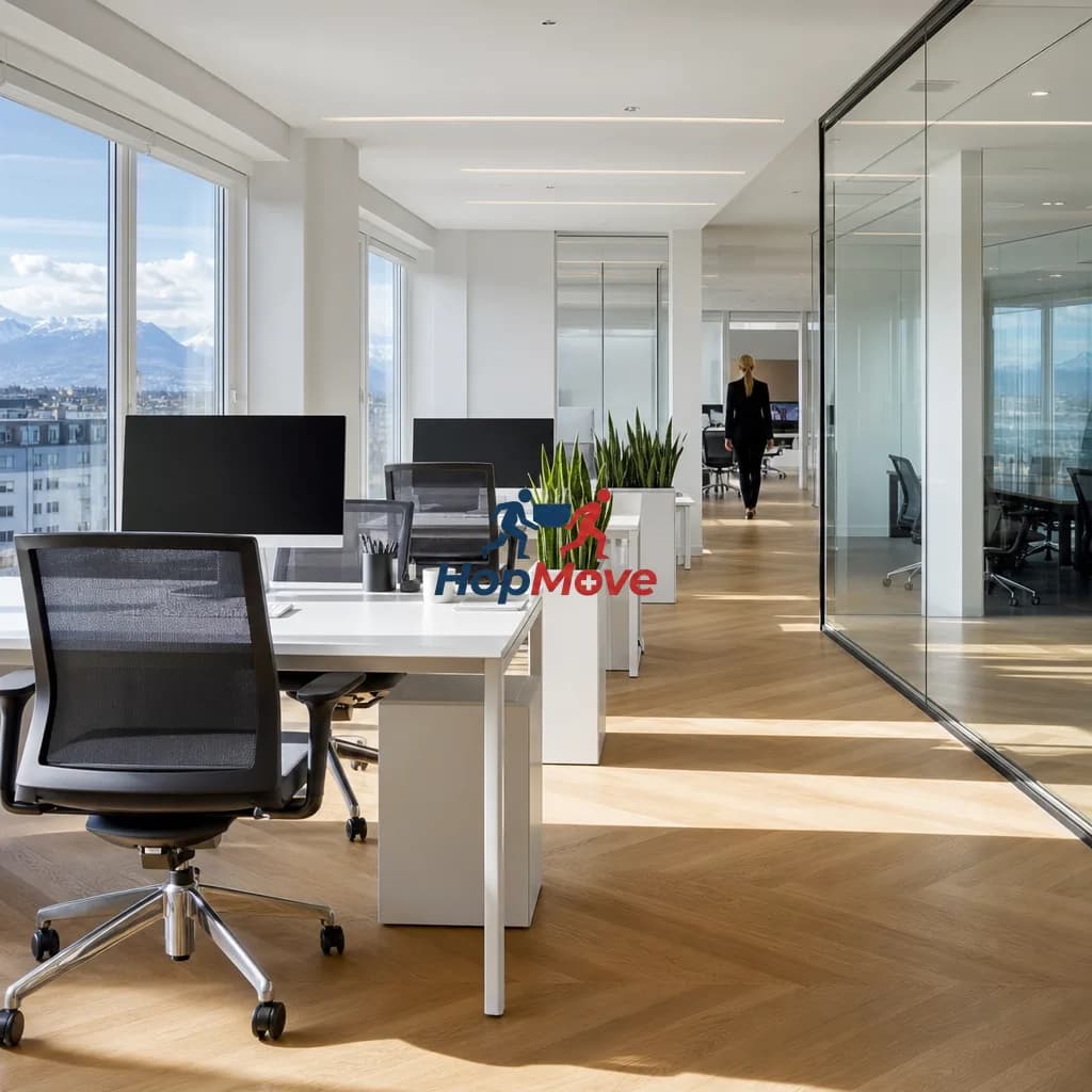 Professional cleaning crew sanitizing an office space post-renovation in Switzerland.