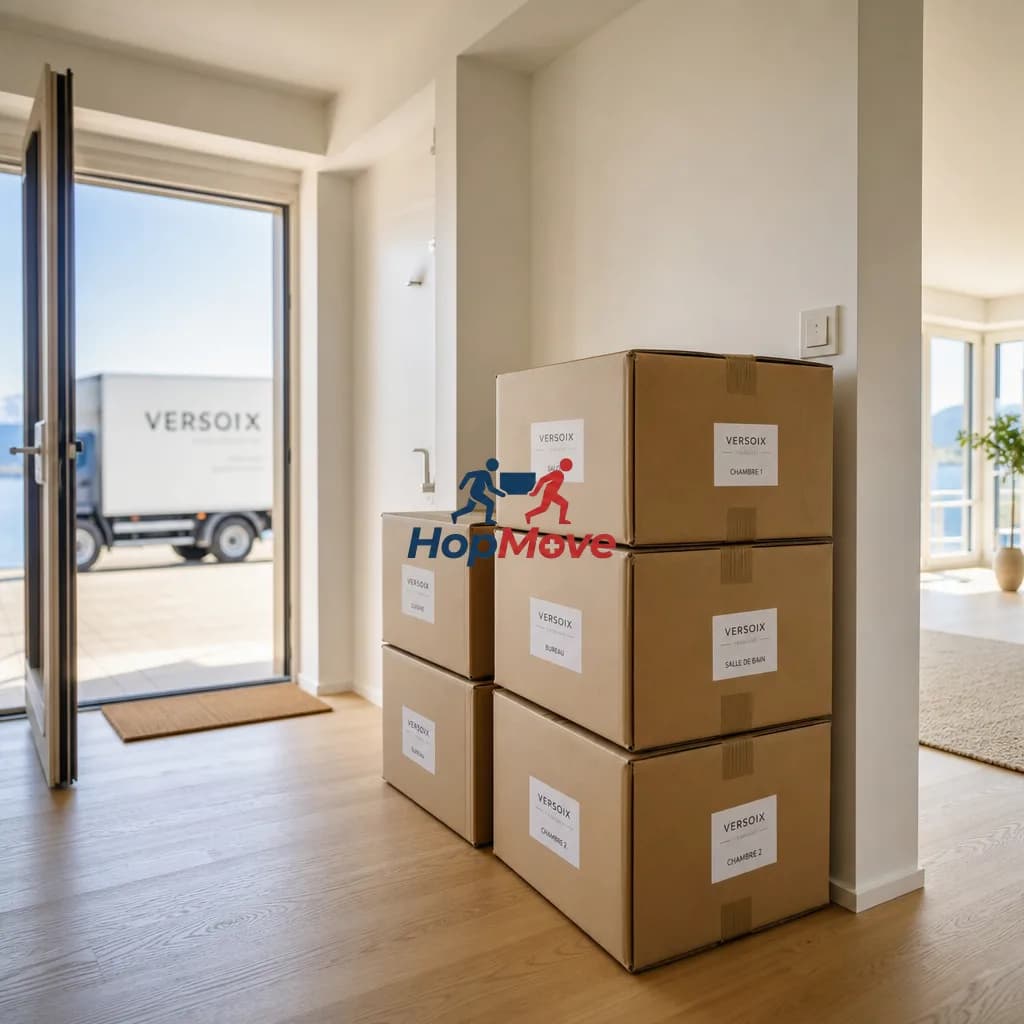 Moving services scene in Versoix, Switzerland, showing professional movers packing items.
